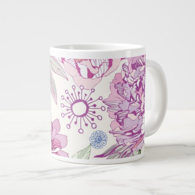 Caneca De Café Grande Padrão com flores rosa (Frente Esquerda)
