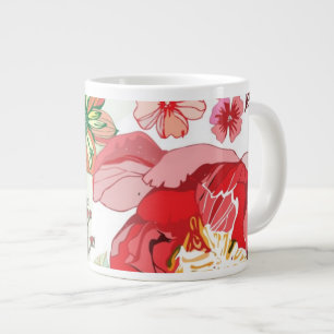 Caneca De Café Grande Padrão com flores vermelhas