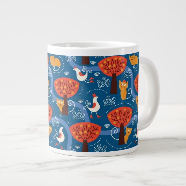 Caneca De Café Grande padrão com gatos e pássaros bonitos (Frente Esquerda)