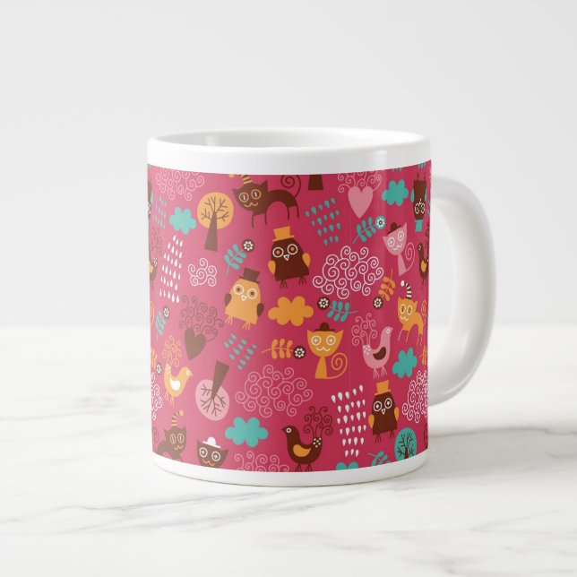 Caneca De Café Grande Padrão com pássaros e gatos bonitos (Frente Esquerda)
