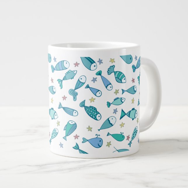 Caneca De Café Grande Padrão Com Peixe E Fígado (Frente Esquerda)