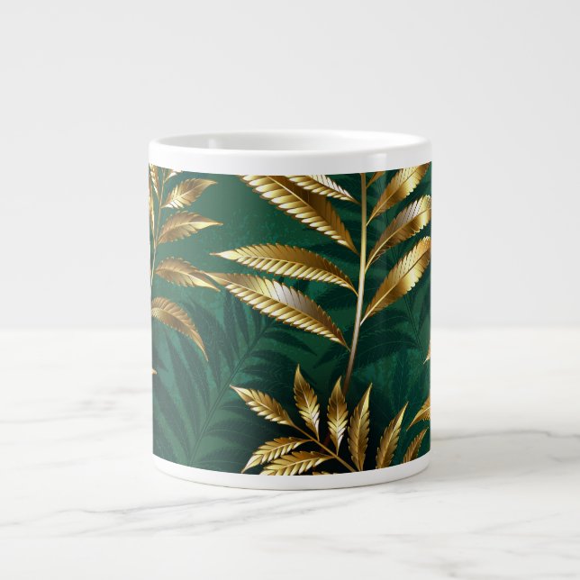 Caneca De Café Grande Padrão contínuo com samambaias douradas (Frente)