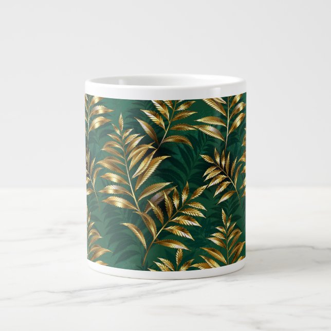Caneca De Café Grande Padrão contínuo com samambaias douradas (Frente)