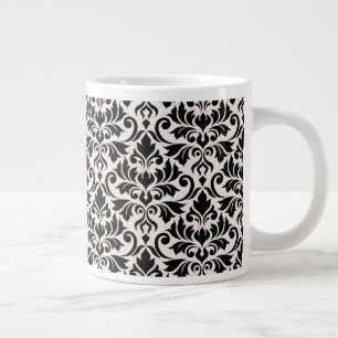 Caneca De Café Grande Padrão Damask Florescer Preto no Creme