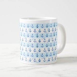 Caneca De Café Grande Padrão de Âncora Azul Pastel