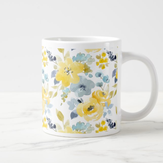 Caneca De Café Grande Padrão de Aquarela Amarela e Azul (Direita)