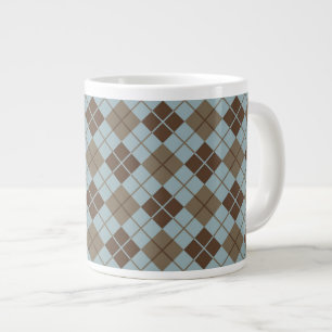 Caneca De Café Grande Padrão de Argyle em Azul e Taupe