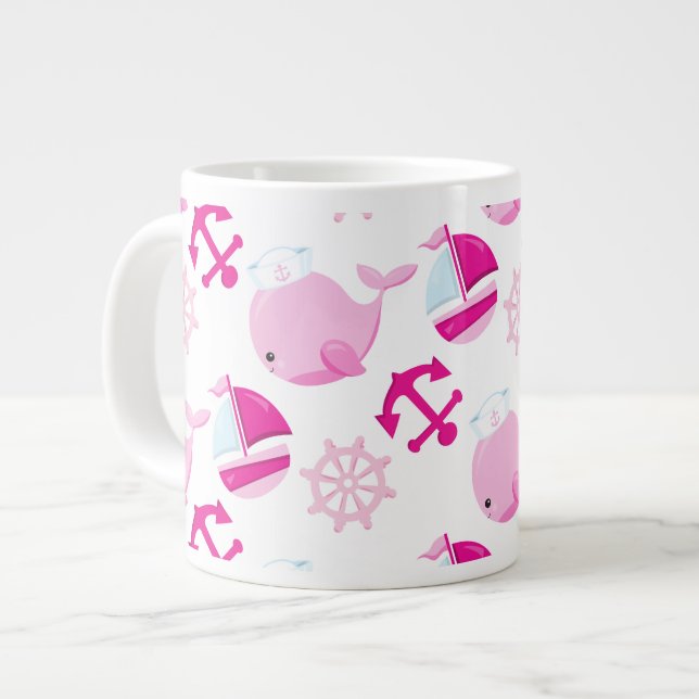 Caneca De Café Grande Padrão De Baleias, Baleias Cutas, Baleias Rosa (Frente Esquerda)