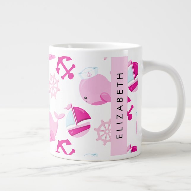 Caneca De Café Grande Padrão De Baleias, Baleias Rosa, Seu Nome (Direita)