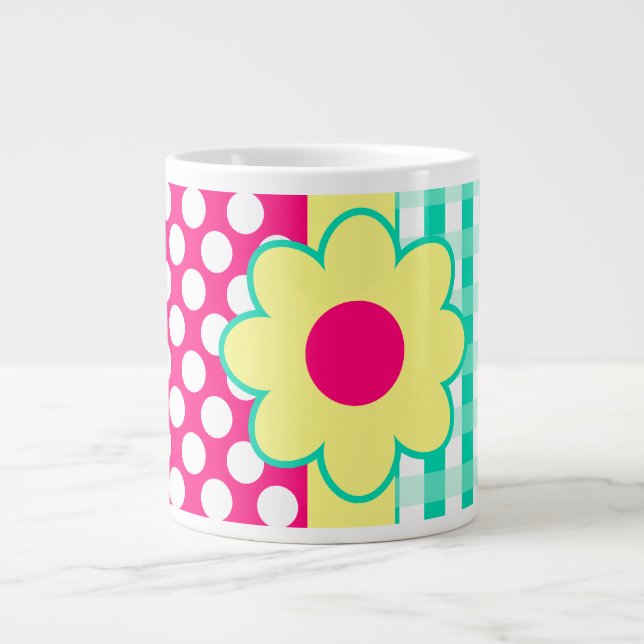 Caneca De Café Grande Padrão de Bolinhas de Gingham, Abstrato Bonito (Frente)