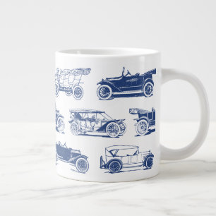 Caneca De Café Grande Padrão de Carro vintage Branco Azul do Antigo Temp