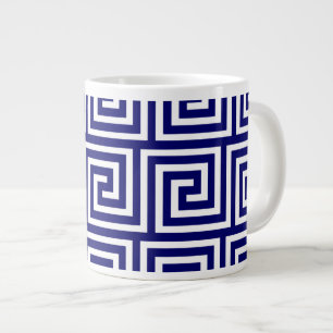 Caneca De Café Grande Padrão de chave grega branca azul do Marinho de p