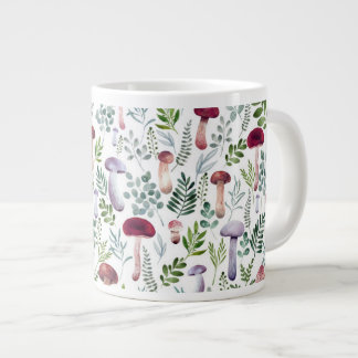 Caneca De Café Grande Padrão de Cogumelos Cozy Watercolor