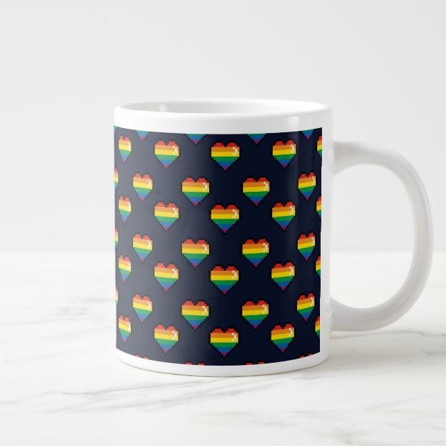 Caneca De Café Grande Padrão de Coração do Arco-Íris de 8 Bits (Direita)