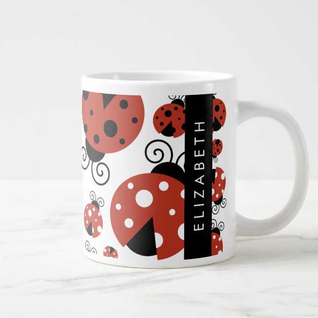 Caneca De Café Grande Padrão De Damybugs, Red Ladybugs, Seu Nome (Direita)