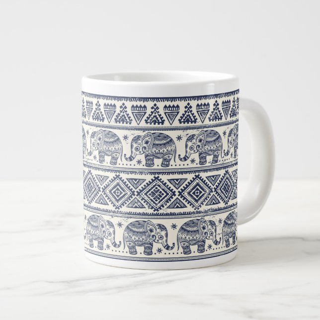 Caneca De Café Grande Padrão de Elefante Étnico Azul (Frente Esquerda)