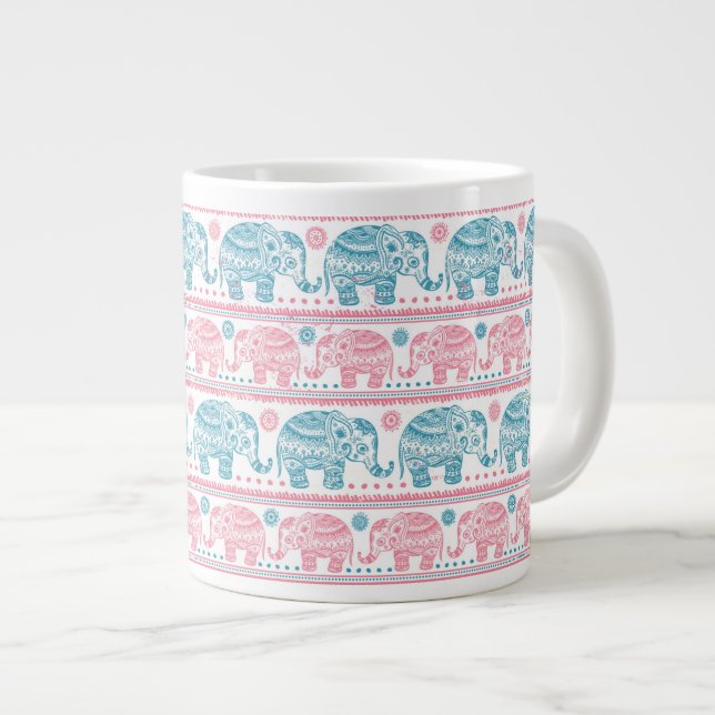 Caneca De Café Grande Padrão De Elefante Étnico Rosa E Teal (Frente Esquerda)