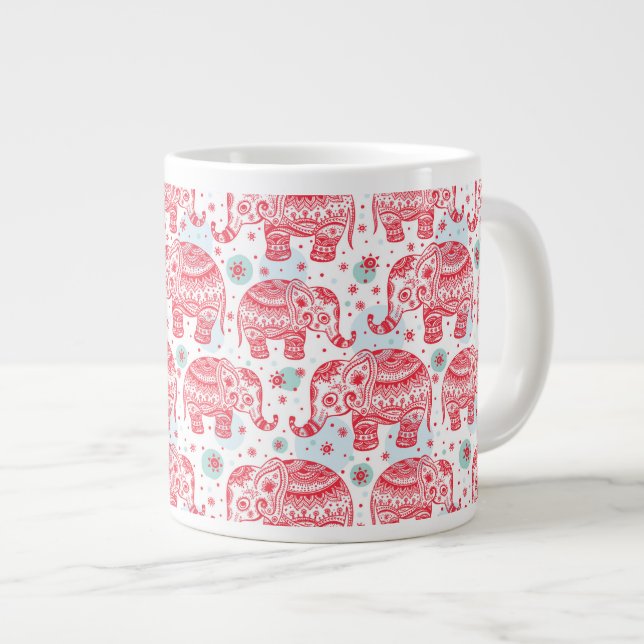 Caneca De Café Grande Padrão de Elefante Étnico Vermelho (Frente Esquerda)