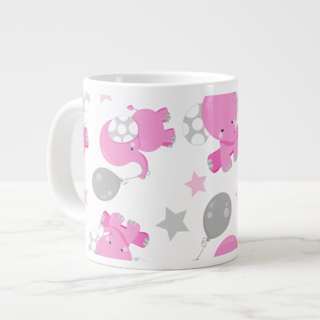 Caneca De Café Grande Padrão De Elefantes Rosa, Elefantes Cutes, Estrela (Frente Esquerda)