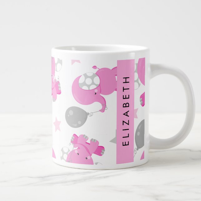 Caneca De Café Grande Padrão De Elefantes Rosa, Estrelas, Seu Nome (Direita)
