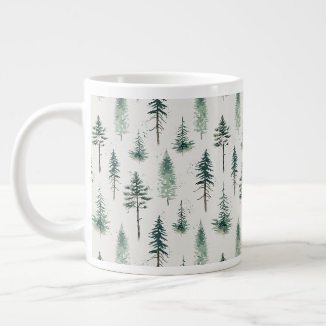Caneca De Café Grande Padrão de Feriado das Árvores de Natal em Aquarela (Esquerda)