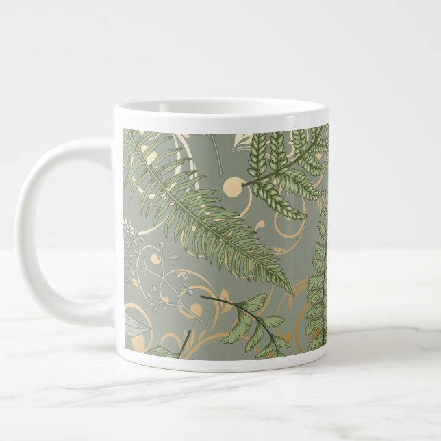 Caneca De Café Grande Padrão de Fern Verde e Dourado (Esquerda)