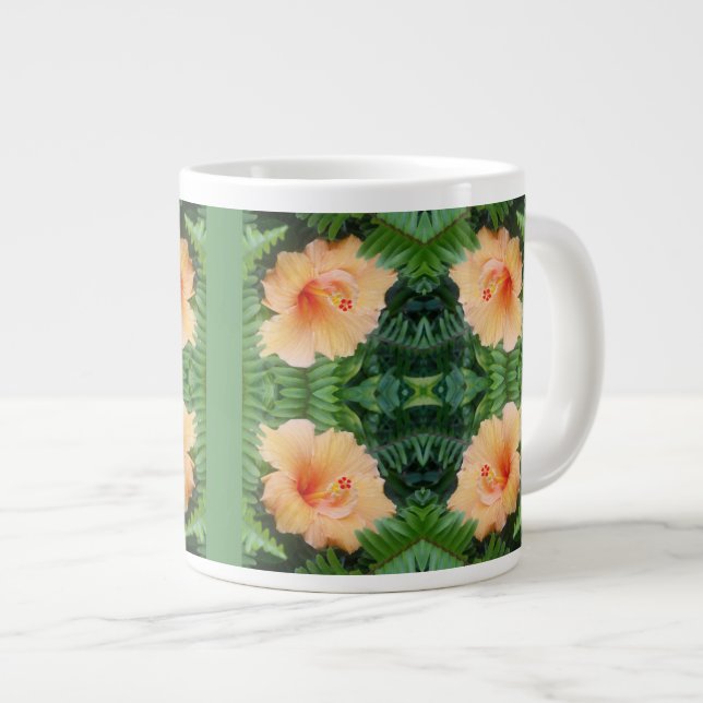 Caneca De Café Grande Padrão de Flor de Hibisco Laranja (Frente Esquerda)