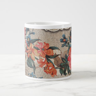 Caneca De Café Grande Padrão de flores brancas laranja vermelho-vivo