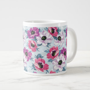 Caneca De Café Grande Padrão de flores coloridas da legenda em azul