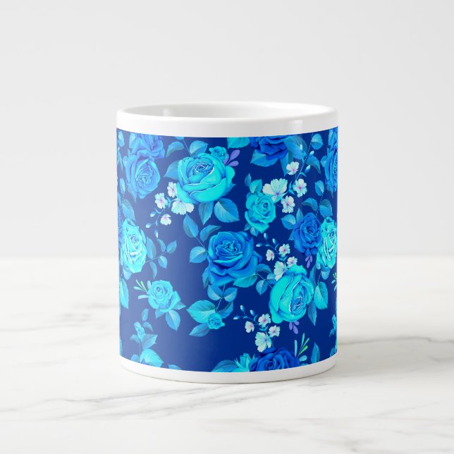 Caneca De Café Grande Padrão de Flores de Rosa Azul Clássico-87600 (Frente)