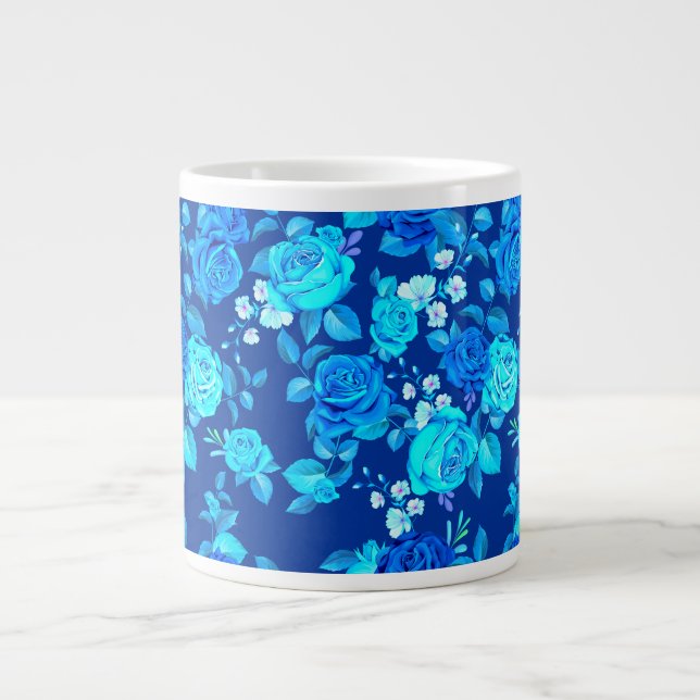 Caneca De Café Grande Padrão de Flores de Rosa Azul Clássico-87600 (Frente)