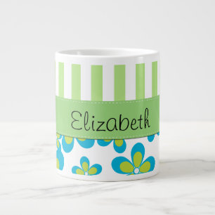 Caneca De Café Grande Padrão De Flores, Listras Verdes, Seu Nome