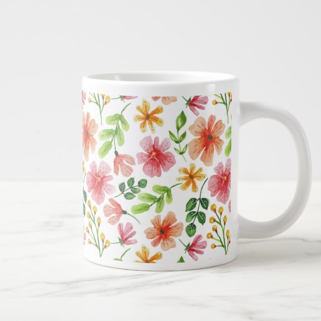 Caneca De Café Grande Padrão de Flores Rosa em Aquarela (Direita)