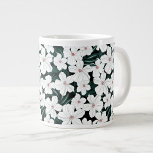 Caneca De Café Grande Padrão de Flores Tropicais Brancas