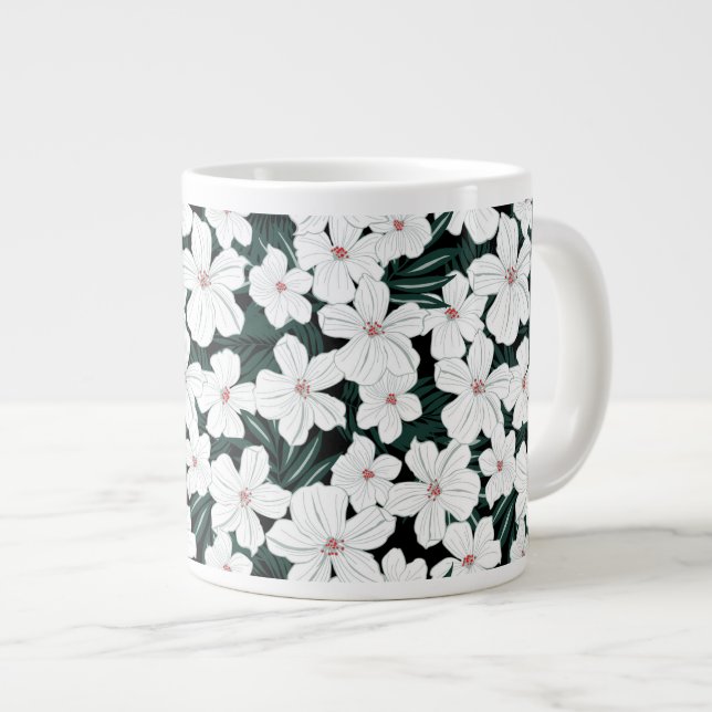 Caneca De Café Grande Padrão de Flores Tropicais Brancas (Frente Esquerda)