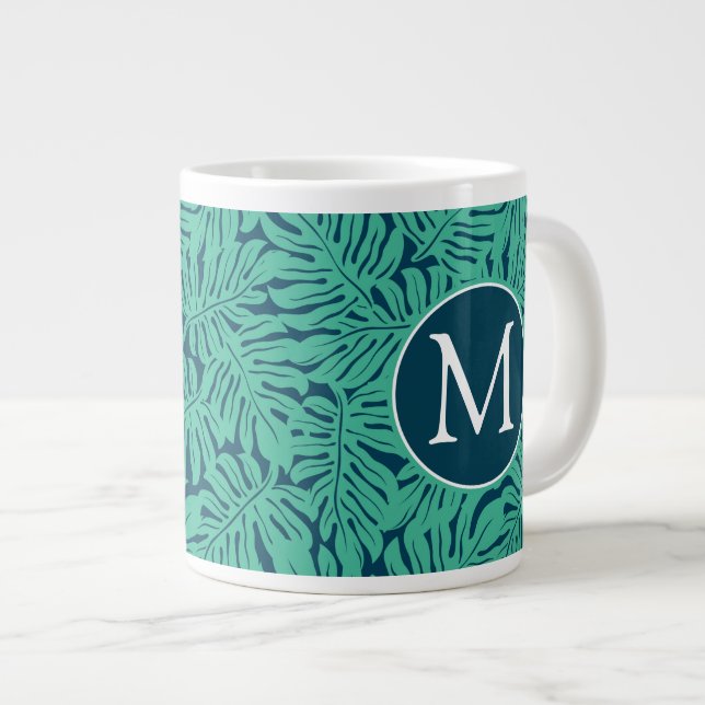 Caneca De Café Grande Padrão de Folha Tropical de Monstera| Monograma (Frente Esquerda)