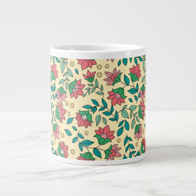 Caneca De Café Grande Padrão de Folhas de Flores Prensadas Desenhadas à  (Frente)