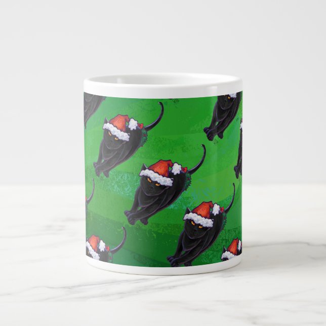 Caneca De Café Grande Padrão de Gato Preto Festivo em Verde (Frente)