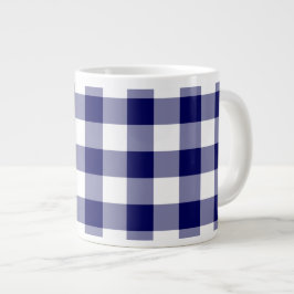 Caneca De Café Grande Padrão de Gingham Branco e marinho