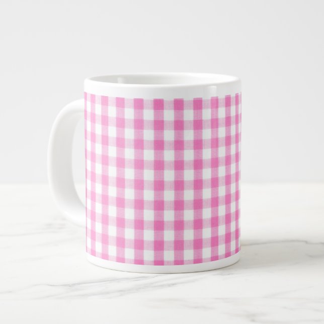 Caneca De Café Grande Padrão de Gingham rosa quente (Frente Esquerda)