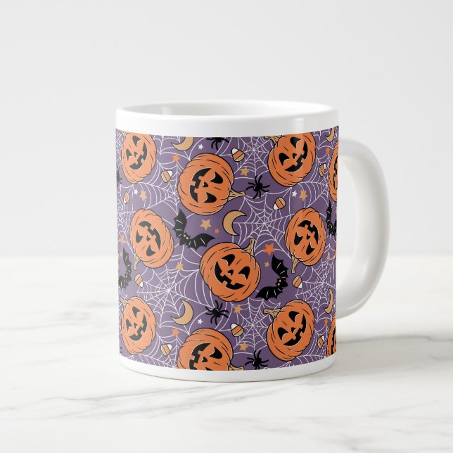 Caneca De Café Grande Padrão de Halloween do Jack-O-Lanterna Roxo (Frente Esquerda)