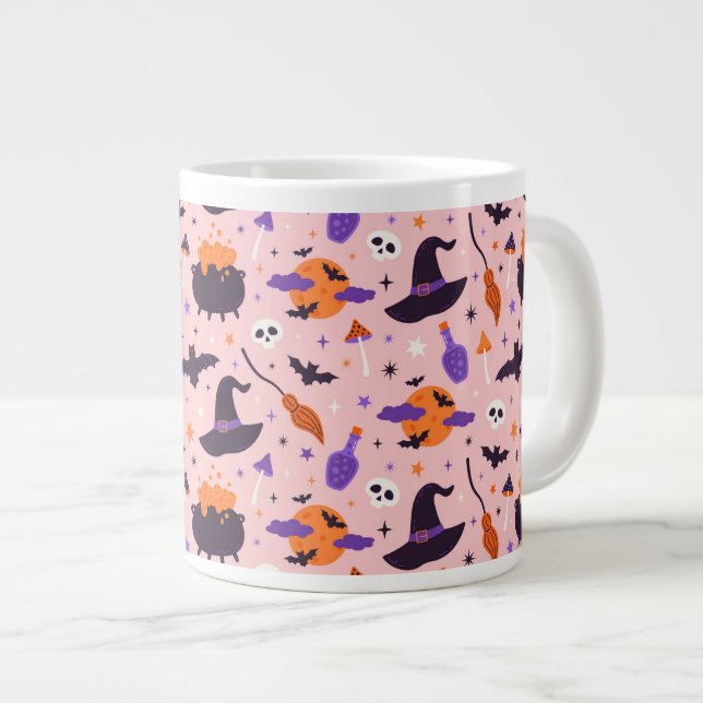 Caneca De Café Grande Padrão de Halloween Púrpura e rosa-claro (Frente Esquerda)