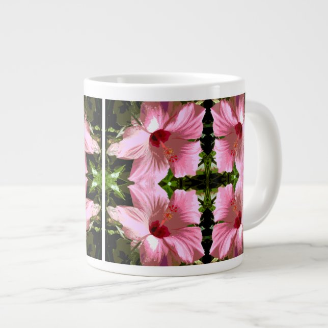 Caneca De Café Grande Padrão de Hibisco Rosa (Frente Esquerda)