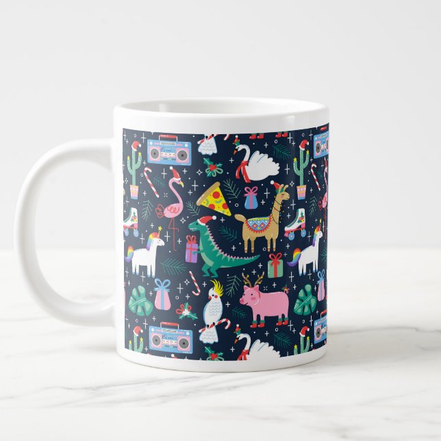 Caneca De Café Grande Padrão de Ícones e Animais de Feriado Quirky (Esquerda)