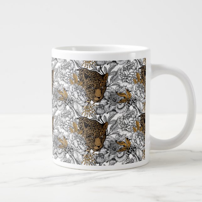Caneca De Café Grande Padrão de leopardo e peônias (Direita)
