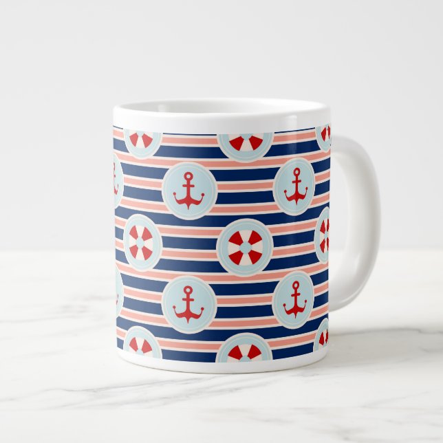Caneca De Café Grande Padrão De Listras E Pontos Náuticos (Frente Esquerda)