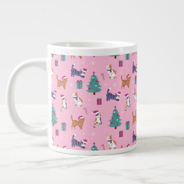 Caneca De Café Grande Padrão de Natal de Gatos e Árvores (Esquerda)