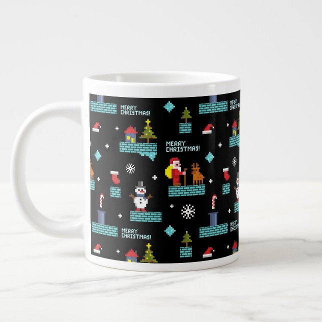Caneca De Café Grande Padrão de Natal Merry Pixelado - Design retroativo (Esquerda)