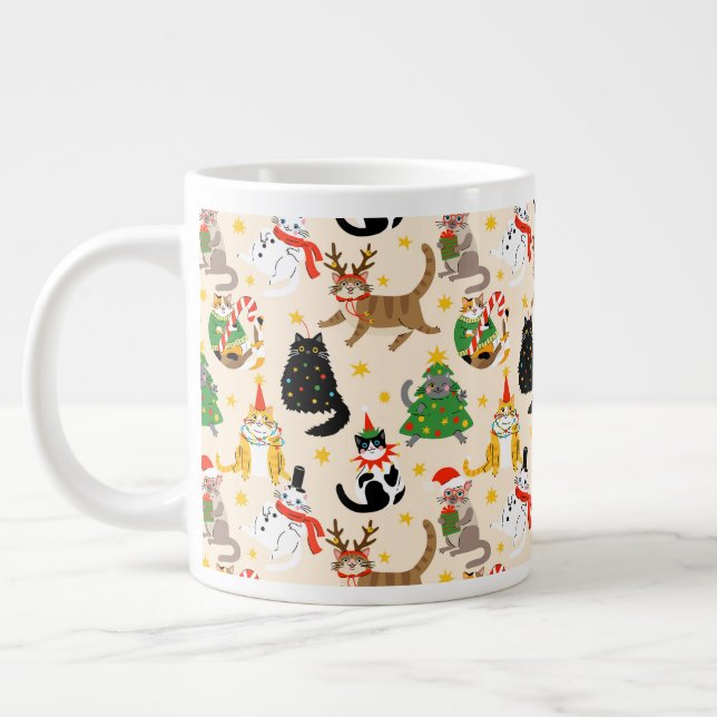 Caneca De Café Grande Padrão de Natal para Gatos Festivos (Esquerda)