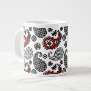 Caneca De Café Grande Padrão de Paisley, Preto, Branco e Vermelho